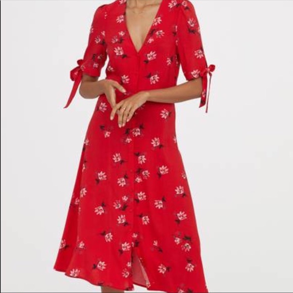 h&m red floral midi dress